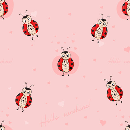 Seamless pattern with love ladybug and text hello sunshine on pink background with hearts. vector illustration. Endless background for valentines day, decor, design, packaging, wallpaperのイラスト素材