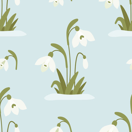 Floral seamless pattern. blooming first spring snowdrop flowers in snow on light blue background. vector illustration. Botanical pattern for decor, design, packaging, wallpaper, textileのイラスト素材