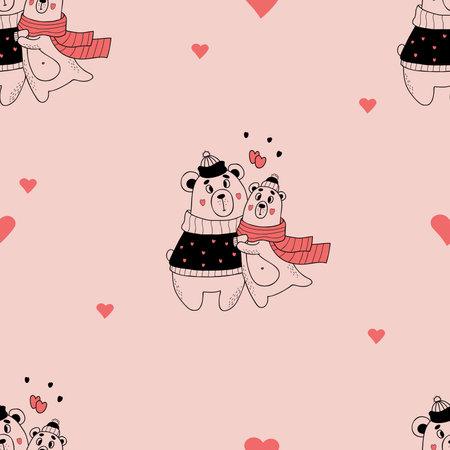 Cute seamless pattern. Romantic enamored hugging bears on pink background with hearts. Vector illustration in doodle style. Endless background for valentines, wallpapers, packaging, printのイラスト素材