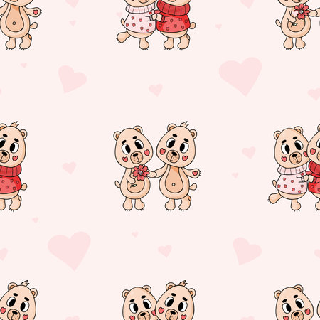 Seamless pattern with cute animals. Enamored bears on pink background with hearts. vector illustration. Romantic endless background for valentines, wallpapers, packaging, print, designのイラスト素材