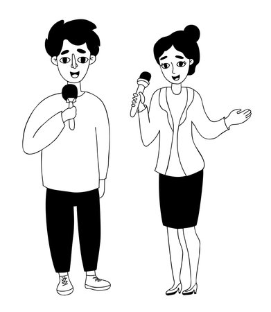 people journalists. Woman and man reporters with microphone. vector illustration. linear doodle. Conceptual character, modern profession and journalism, work and reporting, media and televisionのイラスト素材