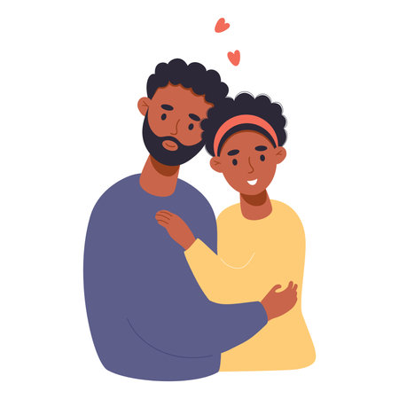 Happy black couple in love. Cute dark-skinned woman and ethnic man are hugging. Vector illustration in flat style of loving couple for valentine card, wedding and birthday designのイラスト素材