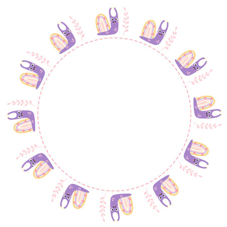 Round frame with cute snail with decorative rainbow shell with hearts. vector illustration. Round postcard, doily for print, decor and design, banners and decorationのイラスト素材