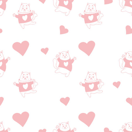 Feline seamless pattern. Cute enamored cats with hearts on white background. Vector illustration in doodle style. Endless background for valentines, wallpapers, packaging, printのイラスト素材