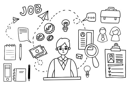 Collection business doodle. Guy office worker with arrows, money, coins and resume. concept of planning, strategy, ideas, job search. Isolated vector Outline drawings. male business characterのイラスト素材