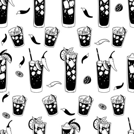 Seamless pattern with glasses of Mexican cocktails. Drinkables Vampiro, Cherry limeade margarita and Charro Negro on white background with chili peppers. Vector endless background in doodle styleのイラスト素材