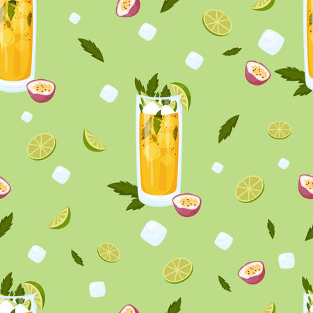 Seamless pattern with summer cocktail Passion Fruit Mojito in glass with ice cubes , lime and mint on green background. Vector pattern with latin american tropical drink.のイラスト素材