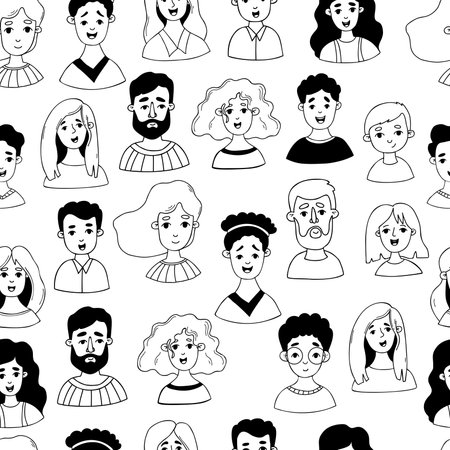 Seamless pattern with peoples faces. Cute womens, girls, mens and childrens portraits on white background. Vector illustration in doodle style for design, wallpapers, textiles and wrapping paper.のイラスト素材
