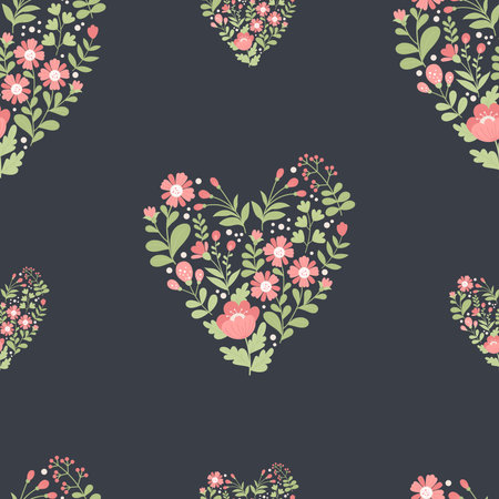 Flower heart seamless pattern. Floral heart of decorative red flowers on black background. Vector illustration in flat style for wallpaper, textile, packaging, decor and designのイラスト素材