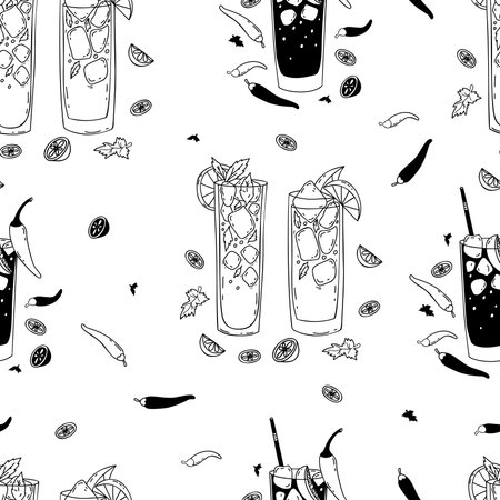 Seamless pattern with glasses of Mexican cocktails Vampiro and Charro Negro on white background with chili peppers and lime slices. Vector endless background latin american drinks in doodle styleのイラスト素材