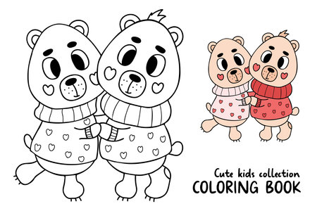 Cute pair in love teddy bear in winter clothes. vector illustration. Outline and color drawing for kids collection animals coloring page, design, decor, Valentines cards, printのイラスト素材