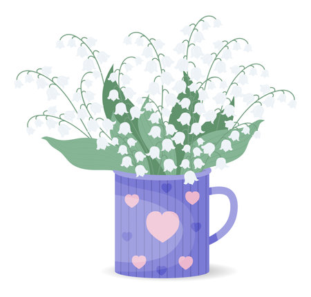Spring cup with bouquet of white lilies of the valley. Vector illustration for design, postcards, decor and decoration, printのイラスト素材