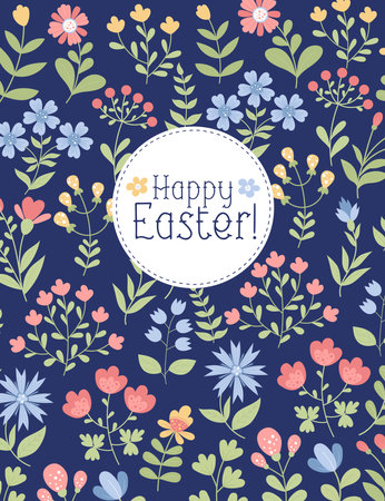 Happy Easter greeting card. Floral pattern of colorful flowers, branches and leaves on blue background. Vertical vector illustration in flat styleのイラスト素材