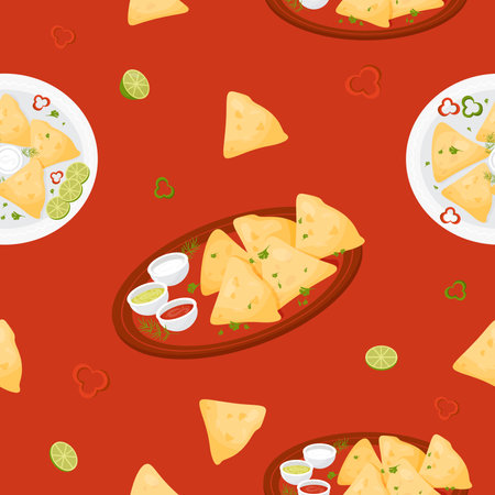 Seamless pattern with latin american food. Mexican Quesadilla in plate with sauces on red background with lime slices. vector illustration. Endless background with national Mexican cuisine for designのイラスト素材