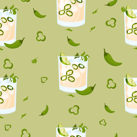 Seamless pattern with Mexican cocktail Spicy Jalapeno Margaritas on green background with chili peppers. vector illustration. Continuous background pattern with latin american drinkのイラスト素材