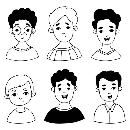 Cute kids boys. Collection portraits doodles. Vector isolated hand drawings for design and decor, kids collection.のイラスト素材