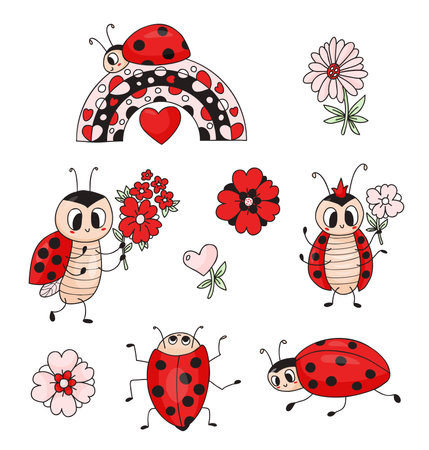 Collection cute ladybug. Insect ladybird with flowers and rainbow. Vector isolated drawings for kids collection, design, printのイラスト素材