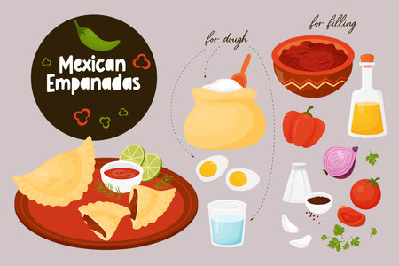 Mexican Empanadas recipe with filling ingredients. vector illustration. Isolated ingredients, vegetables for cooking Latin American Traditional food in cartoon styleのイラスト素材