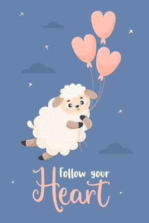 Romantic card with cute sheep flying with balloons through night sky. Vector illustration in cartoon flat style. Motivate poster valentine with inscription Follow your heartのイラスト素材