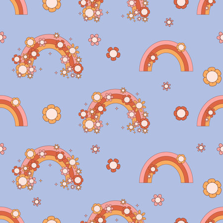 retro seamless pattern. Groovy rainbow with Daisy Flowers on purple background. vector illustration. Aesthetic Modern Art for wallpaper, design, textile, packaging, decorのイラスト素材