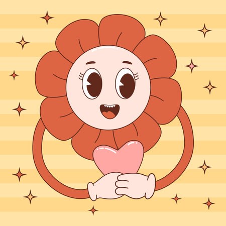 Retro vintage cartoon flower Power. Vector illustration of mascot, character. Groovy Funny daisy flower with heart. Hippie 60s, 70s, 80s styleのイラスト素材