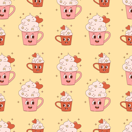 Nostalgic seamless pattern. Retro cartoon characters dessert cups on yellow background. Vector Illustration for wallpaper, design, textile, packaging, decorのイラスト素材