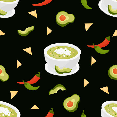 Seamless pattern with Mexican traditional green soup with avocado on black background with tortilla chips, chili and avocado. vector illustration. Cute endless background with latin american foodのイラスト素材