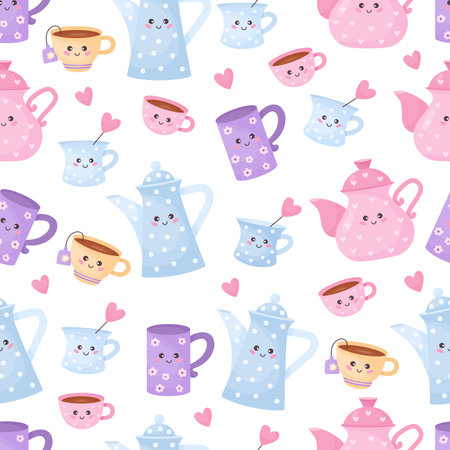 Seamless pattern with cute characters cups and teapots on white background. vector illustration. Endless background with funny tablewareのイラスト素材