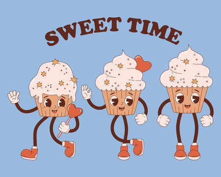 Retro groovy cartoon characters cake cupcake with heart. Collection vintage cute mascot cupcakes with cream. vector illustrationのイラスト素材