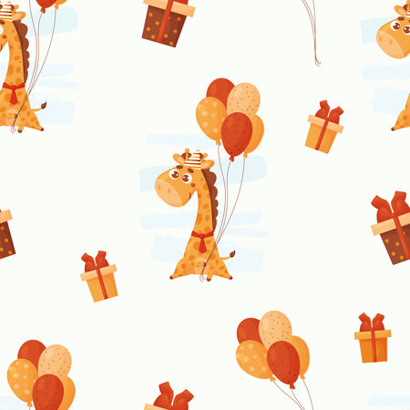 Seamless pattern with cute giraffe in birthday hat with balloons on white background with gifts. Vector illustration for kids collection, holiday decor, packaging, design, print, wallpaperのイラスト素材