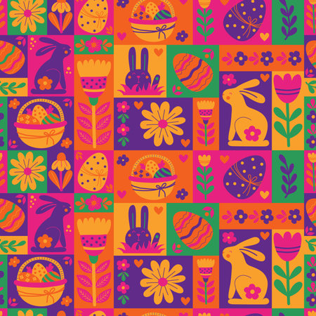 Easter seamless pattern. Repeatable modern colorful pattern tile design with rabbit, egg, basket and flowers. vector illustration. Minimalism geometric abstract background for holiday designのイラスト素材
