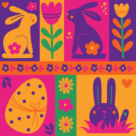 Easter colorful abstract elements tiles set. Modern pattern geometric abstract style. Easter eggs, rabbit, flowers. vector illustration. Minimal hand drawn style flat poster, cover, postcardのイラスト素材