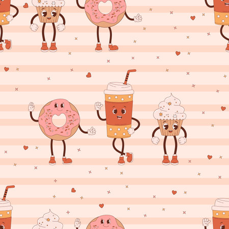 retro seamless pattern. Cartoon characters cupcake, donut and takeaway coffee on striped background. Vector Illustration for wallpaper, design, textile, packaging, decorのイラスト素材