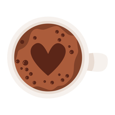 Cup of coffee with foam and heart. top view. vector illustration. hand drawn styleのイラスト素材