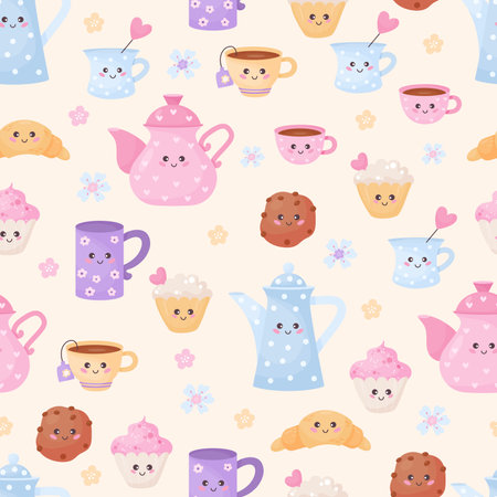 Seamless pattern with cute characters coffee cups, teapots, cookies, croissant and muffin on light yellow background. vector illustration. Endless background with funny desserts and dishesのイラスト素材