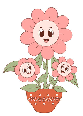 Groovy flowerpot. Happy daisy flowers power. Nostalgic retro character mascot - family mom with babys. vector illustrationのイラスト素材