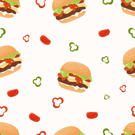 Seamless pattern with fast food hamburger on white background. Vector Illustration in flat cartoon style for wallpaper, design, textile, packaging, decorのイラスト素材