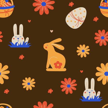Easter seamless pattern. Easter Bunny with flowers, basket and eggs on black background. Vector illustration in flat style. For holiday decor, packaging, wallpapers, prints and textilesのイラスト素材