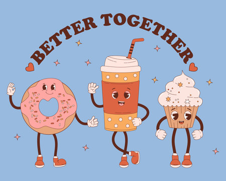 Cute retro characters coffee in cup takeaway, donut and cream cupcake. vector illustration. Cool nostalgic funny cartoon desserts and coffee drinkのイラスト素材
