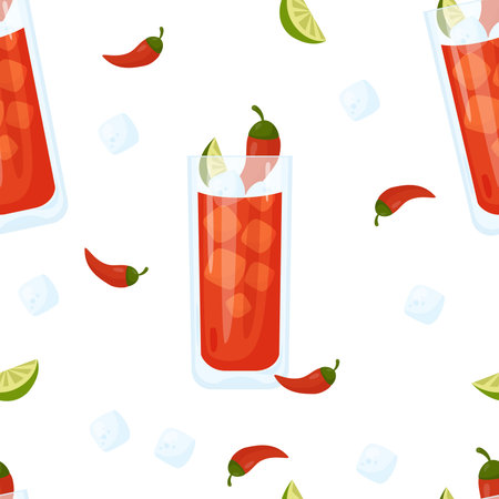 Seamless pattern with Mexican cocktail Vampiro on white background with ice cube, chili peppers and lime slices. vector illustration. Pattern with latin american drink for wallpaper, print, decorのイラスト素材