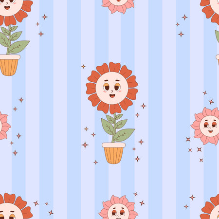 Retro seamless pattern with Groovy flower power on blue striped background. Vector Illustration. Aesthetic Modern Art Daisy flower for wallpaper, design, textile, packaging, decor.のイラスト素材
