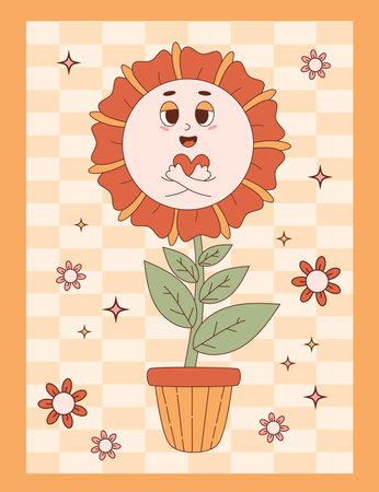 Retro vintage cartoon flower Power. Groovy cute daisy flower with heart in pot. Vector illustration of mascot character. Cool vertical modern nostalgic poster. Hippie 60s, 70s, style.のイラスト素材