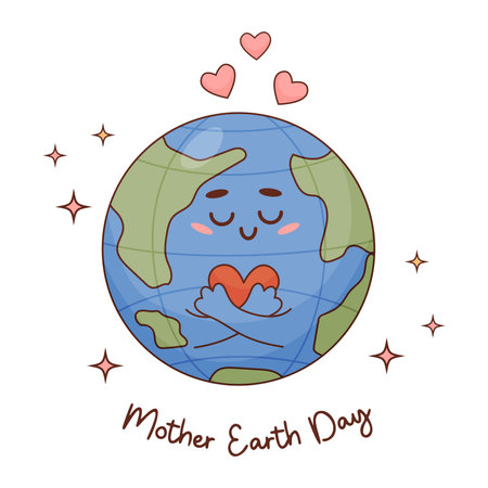 Cute cartoon character planet earth with heart. Vector illustration. greeting card for Earth Day in flat childrens style.のイラスト素材