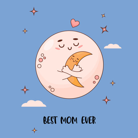 Happy cartoon character family mom moon with baby. Nostalgic holiday card Mothers Day. Vector Illustration .のイラスト素材