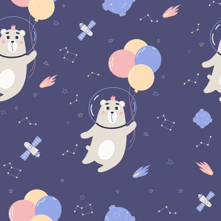 Space seamless pattern. Cute astronaut bear with balloons, stars and meteorites on dark blue background. Vector illustration for baby collection, design, decor, wallpaper, packaging and textile.のイラスト素材