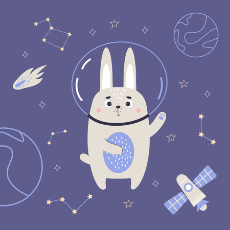 Cute astronaut rabbit in space on blue background with spaceship, stars, planets and meteorite. Vector illustration for baby collection, design, decor, cards and printのイラスト素材