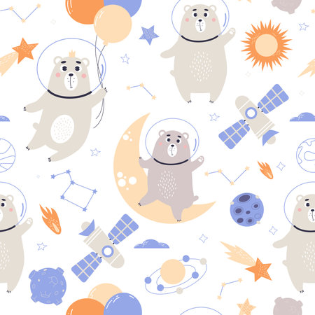 Cute space bear astronauts seamless pattern. Vector illustration for baby collection, design, decor, wallpaper, packaging and textileのイラスト素材