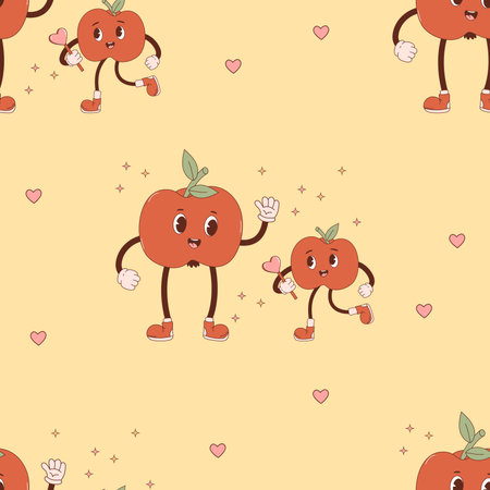 retro seamless pattern. Happy cartoon characters apple. Groovy fruit family on yellow background...