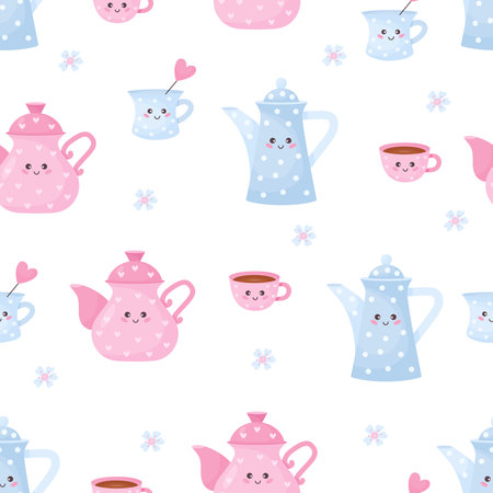 Seamless pattern with cute cups and teapots on white background. vector illustration. Endless background with characters funny tablewareのイラスト素材