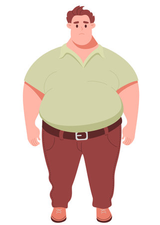 Sad fat cute man. Vector illustration in cartoon flat style. Concept lifestyle, illness and overweightのイラスト素材